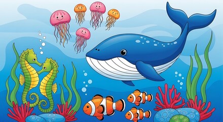 Obraz premium Cheerful Cartoon Whale with Seahorses and Jellyfish Underwater Scene