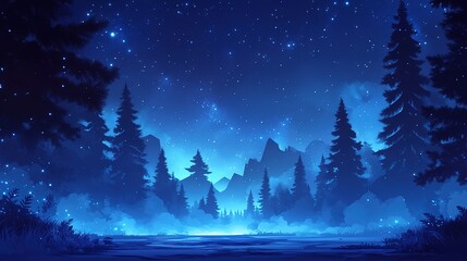 Fototapeta premium Nighttime Forest Landscape with Star - filled Sky and Mountains