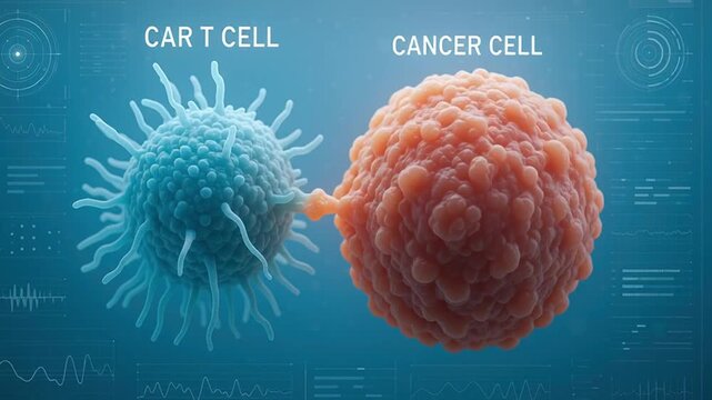 CAR T cell attacking cancer cell medical concept illustration immune therapy targeting tumor cells detailed 3D rendering scientific background immunotherapy biology cell cancer therapy medical tumor