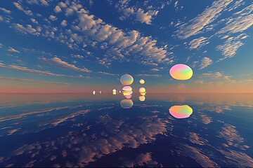 Floating iridescent spheres over calm water at sunset