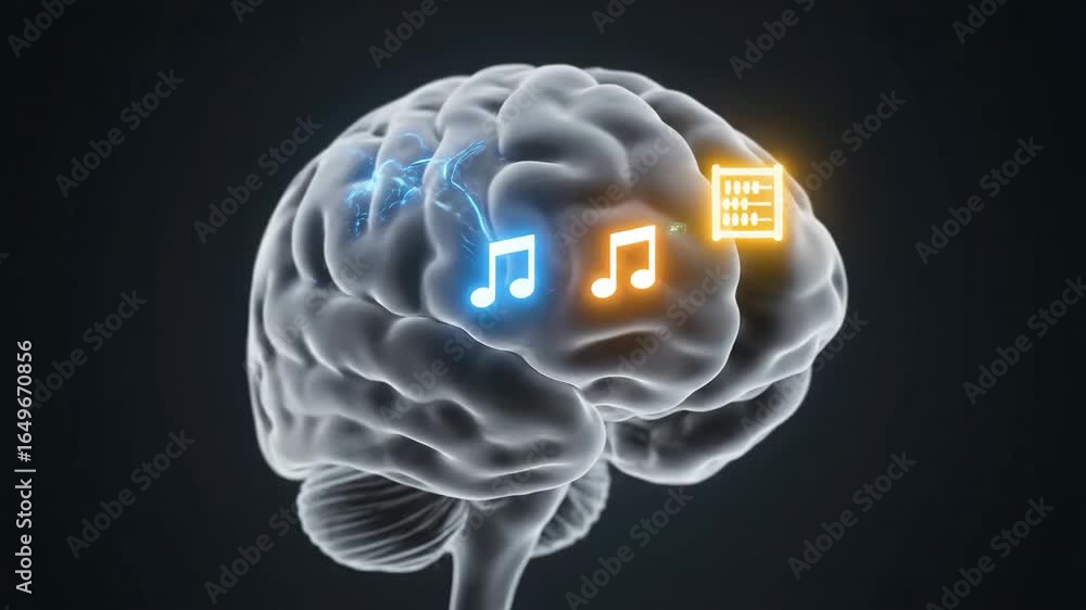 Poster brain learning music - neurological activity - a 3d model of a human brain illuminates, showcasing n