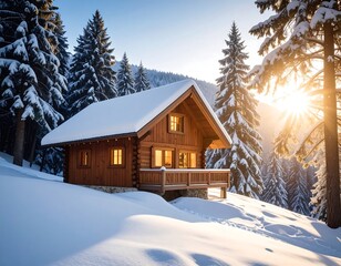 Naklejka premium Cozy log cabin in snowy mountains at sunrise