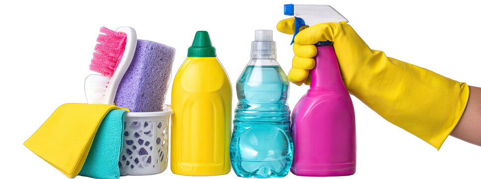 Colorful cleaning supplies and protective gloves