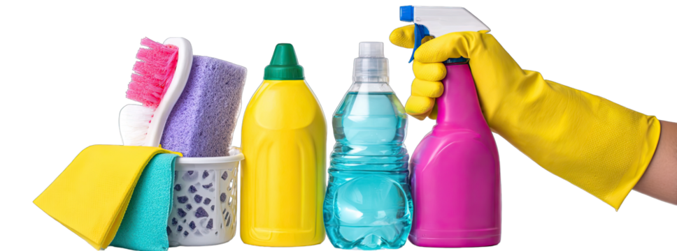 Colorful cleaning supplies and protective gloves
