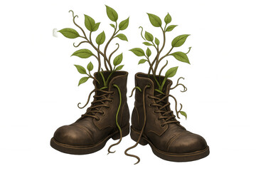 Green seedlings sprouting from weathered military boots, depicting resilience of nature overgrowing abandoned human equipment