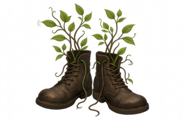 Green seedlings sprouting from weathered military boots, depicting resilience of nature overgrowing abandoned human equipment
