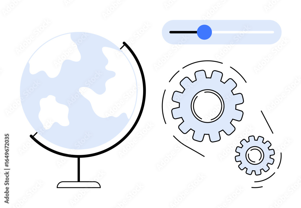 Aufkleber globe, gears, and slider symbolizing global operations, settings, optimization, and interconnected s