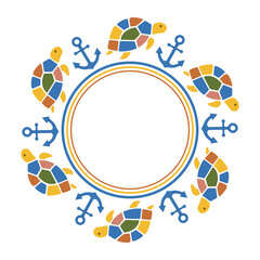 Wreath, round frame in Mediterranean style. Anchors and turtles made of mosaic. Vector illustration on a white background. Round plaque, greeting card.