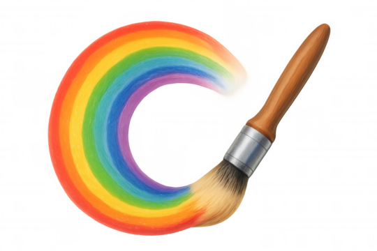Colorful rainbow arc emerging from paintbrush, symbolizing artistic creativity against transparent background