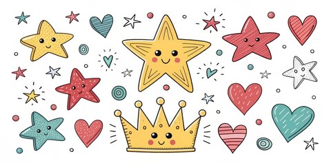 Cute Kawaii Stars, Hearts and Crown Illustration, Doodles, Children , Pattern