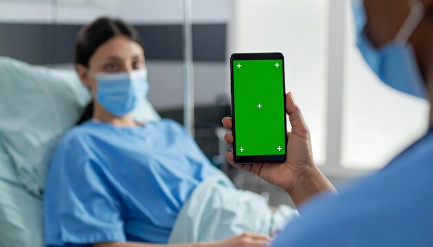 Healthcare professional holding a phone with a green screen, while a patient is in a hospital bed.