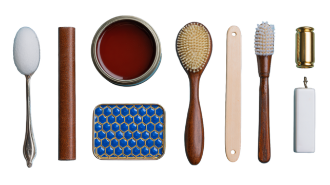 Different professional barber equipment with space for text on white background
