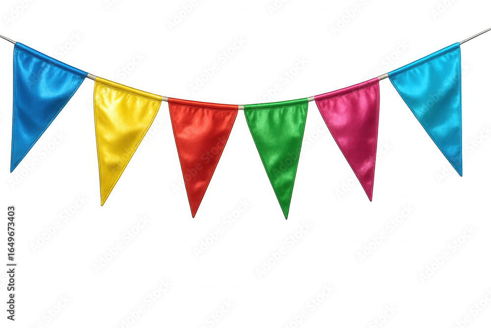 Poster string of colorful triangular party flags hanging against a transparent background, perfect for fest