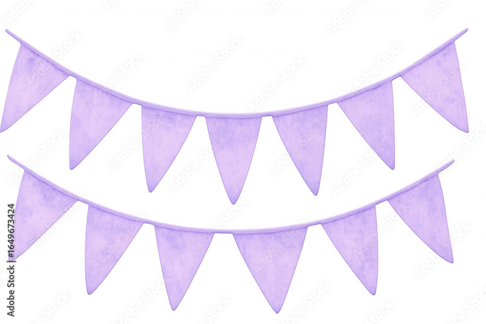 Poster two strings of hanging purple party flags creating a festive atmosphere, isolated on a transparent b