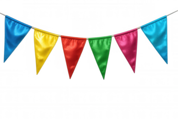 String of colorful triangular party flags hanging against a transparent background, perfect for festive overlay designs