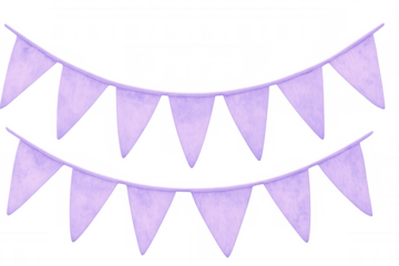 Two strings of hanging purple party flags creating a festive atmosphere, isolated on a transparent background
