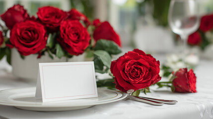 Elegant table setting featuring vibrant red roses and a blank card for personalization, creating a romantic dining atmosphere with floral accents