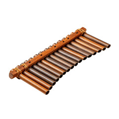 Pan flute musical instrument made of wooden pipes tied together, isolated on transparency background with natural texture and warm brown color tones