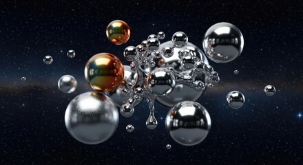 Abstract cluster of shiny metallic spheres, including silver, gold, and chrome orbs, floating in dark space