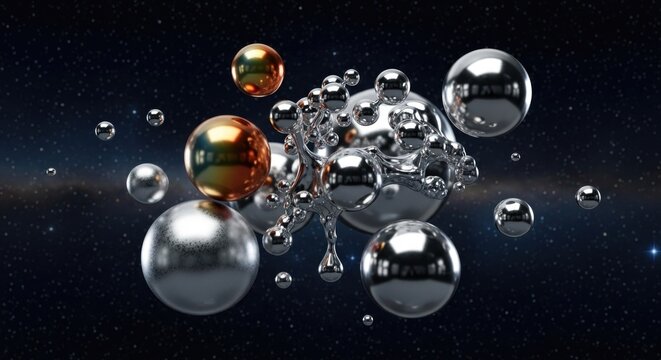 Abstract cluster of shiny metallic spheres, including silver, gold, and chrome orbs, floating in dark space