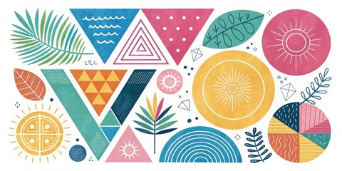 Fototapeta premium Geometric Tropical Pattern with Sun, Leaves and Waves ,pattern, abstract