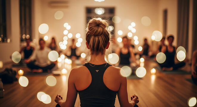 A yoga instructor guides her class through a meditation session in a dimly lit studio. The warm, inviting light and focused poses evoke a sense of calm and peace.