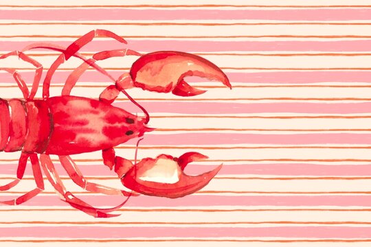 Illustration of lobster on striped background. Summer, Italy, Amalfi, Mediterranean pattern for poster, card, wall art. Hand drawn watercolor.
