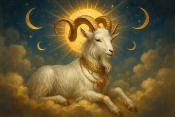 Celestial golden horned goat in sky. AI Generative.