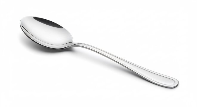 Shiny silver spoon gleams brightly against stark white background. AI Generated