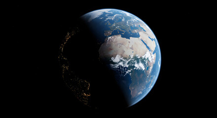 Fototapeta premium A Day and Night in Earth: Earth, our home, illuminated by sunlight on one side while the other plunges into the darkness of night, reveals the natural beauty and complexity of our planet.