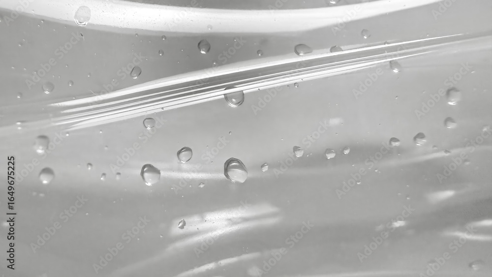Poster close-up of crystal clear water droplets on smooth transparent surface with light refraction for abstract background or minimalist design