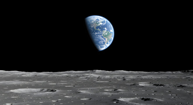 Earthrise from Moon: A breathtaking view of Earth ascending above the desolate lunar surface, an inspirational scene representing the beauty of our planet and the mysteries of space. - Powered by Adobe