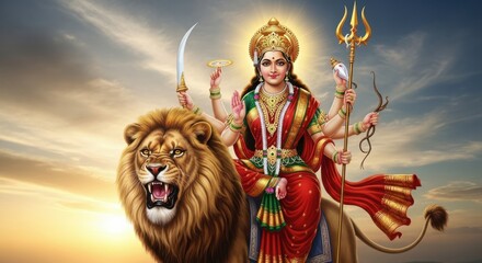 Goddess Durga riding her mighty lion against a dramatic sky