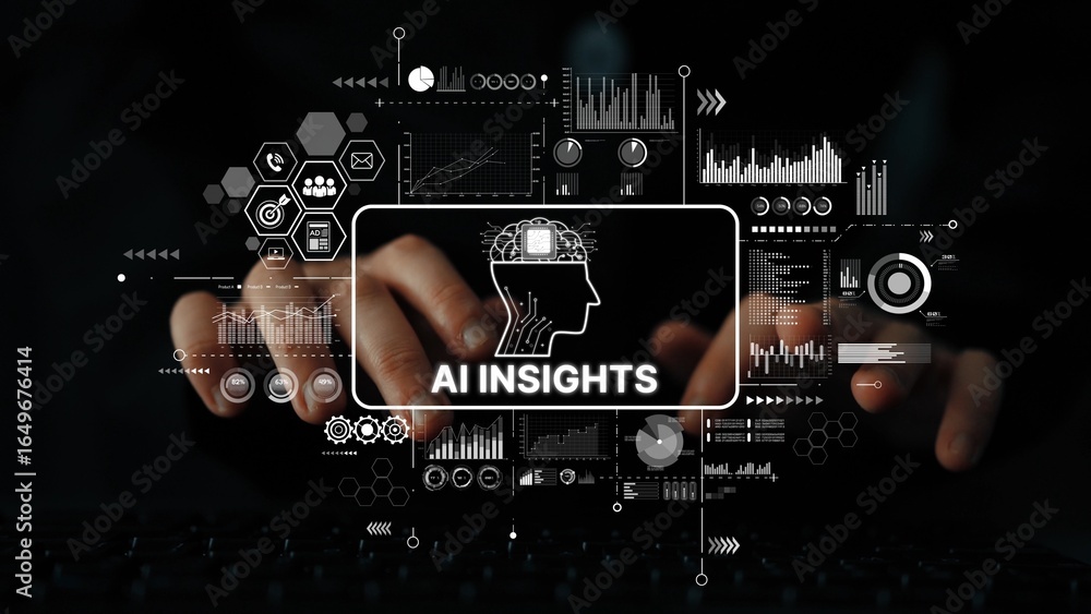 Poster hands typing on keyboard with futuristic data visualization and ai insights concept for technology a