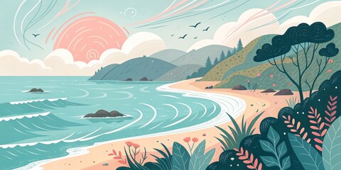 Pastel Beach Scene with Pink Sun and Lush Plants, Seascape , Illustration