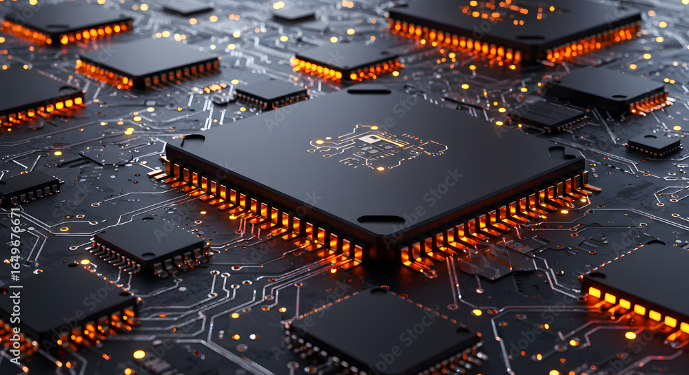 Poster silicon chip circuitry: captivating macro shot of a silicon chip arrangement, revealing a complex ne