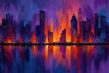 Fototapeta premium Vibrant cityscape reflected in tranquil water.