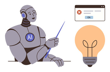 AI robot holding pointer with browser error window and glowing lightbulb. Ideal for technology, AI teaching, troubleshooting, problem-solving, innovation, machine learning, futuristic concepts