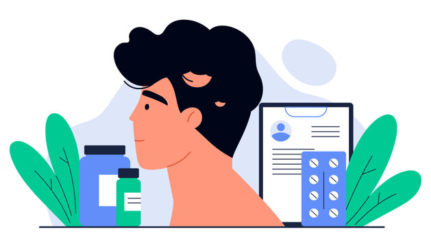 Alopecia and hair loss concept. Man scalp with baldness and medical equipment. Dermatology, trichology, hair care scene. Isolated vector illustration in cartoon style