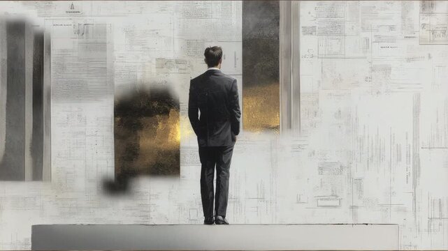 Contemplative businessman on a pedestal facing a wall of architectural blueprints that slowly morph and change.