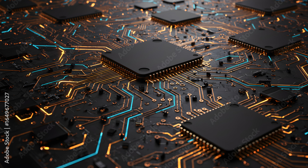 Aufkleber circuit board's electronic network: a close-up perspective reveals a mesmerizing array of microchips