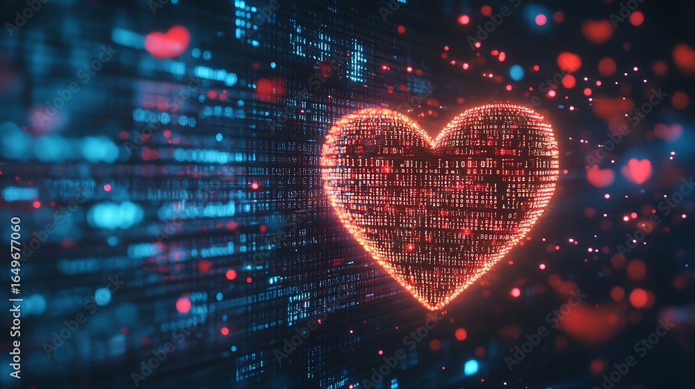Poster digital heart symbol composed of binary code with glowing red and blue bokeh photo