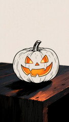 Mischievous smiling pumpkin lit from within on a dark rustic surface for spooky Halloween decoration.