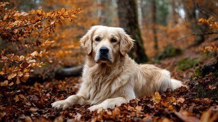 Golden Retriever Resting Amidst Autumn Leaves in Forest