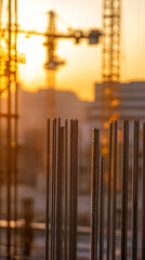 Obraz premium Metal rebar stands ready on a construction site. Cranes work in the golden evening light.