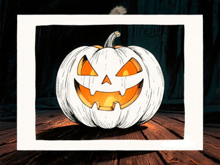 Glowing jack-o’-lantern carved pumpkin on wooden table in eerie low light Halloween atmosphere