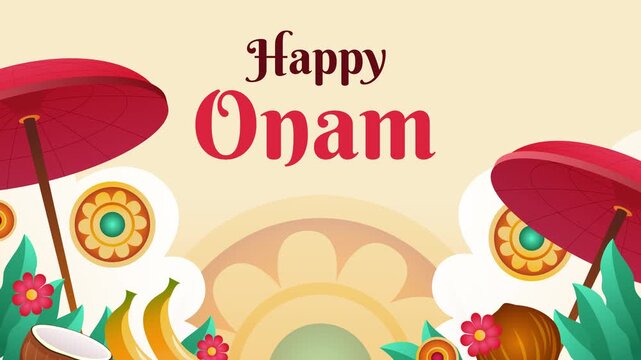 Colorful Onam Festival Wish Video Card with Traditional Kerala Elements and Pookalam Animation