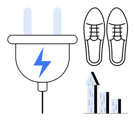 Electric plug with blue lightning bolt, shoes symbolizing movement, and upward bar graph indicating progress. Ideal for sustainability, innovation, mobility, growth, development, energy and simple
