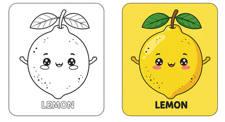 Cute Lemon Cartoon Coloring Page for Kids, Vector Illustration