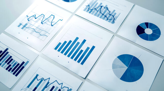 Many charts and graphs. Reflection light and flare. Concept image of data gathering. various business charts and graphs printed on a bright white paper. The documents feature blue bar graphs